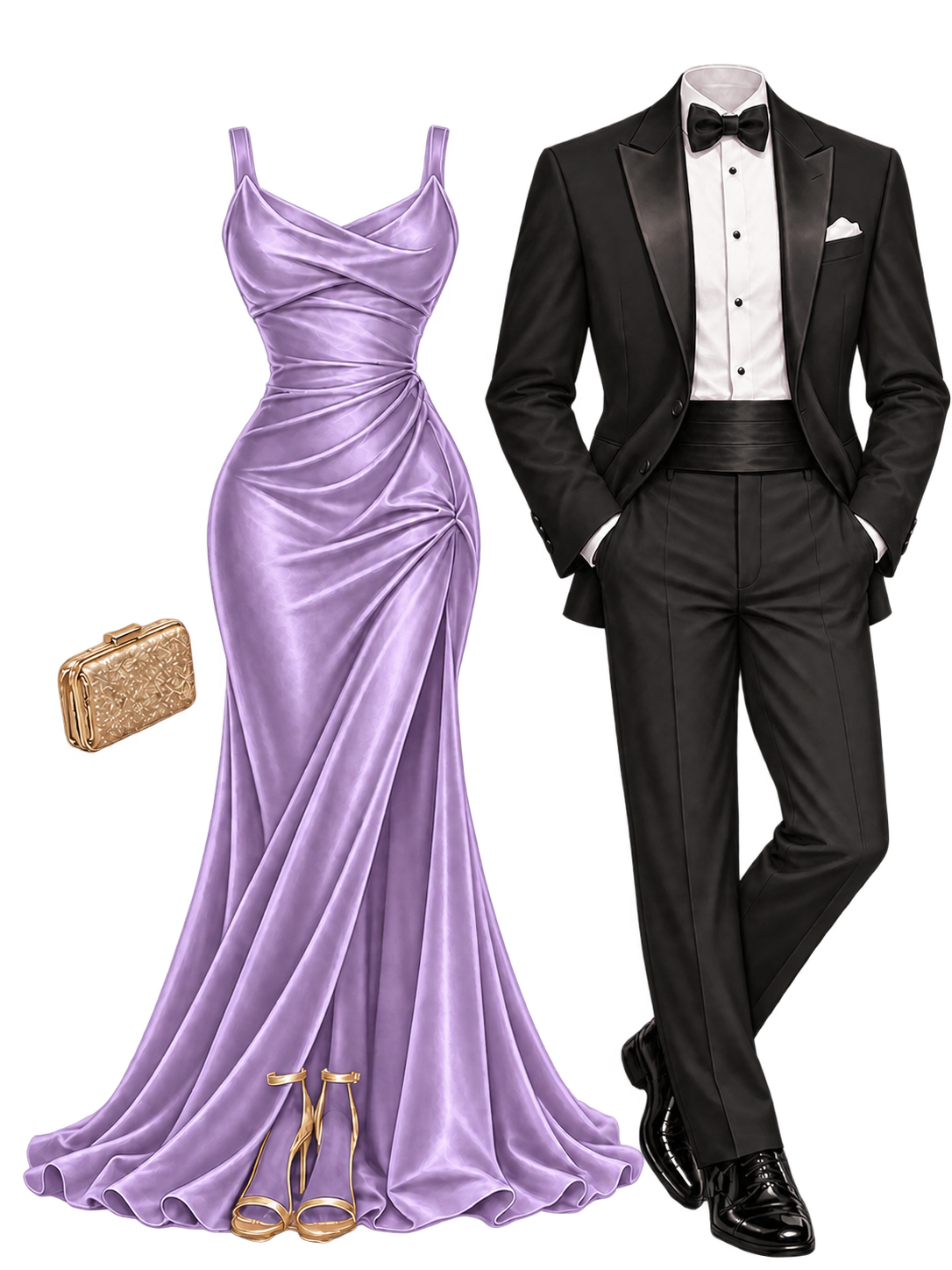 Formal lilac evening gown paired with black tuxedo